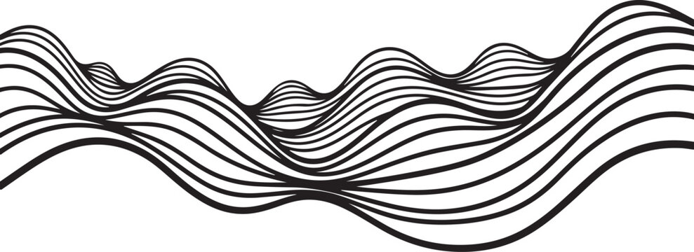 Black wavy lines, abstract wave pattern, vector background design, modern fluid motion graphics element