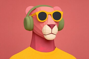 Fototapeta premium Colorful lion wearing headphones and sunglasses for a fun design display