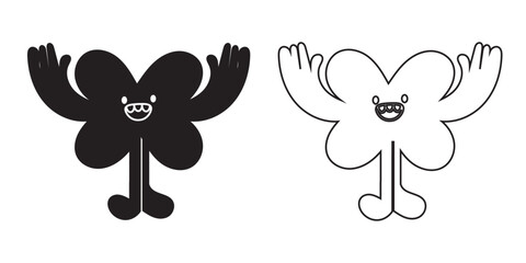 Obraz premium Smiling abstract flower character Happy Spiky smiling icon set. Minimal smiling flower-shaped character shown in filled and outline styles, playful illustration suitable for icons, stickers, and moder