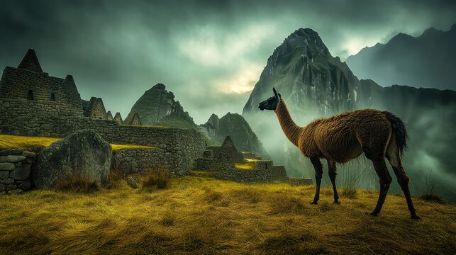 A llama gazes at ancient stone ruins on a misty day, with a dramatic mountain backdrop