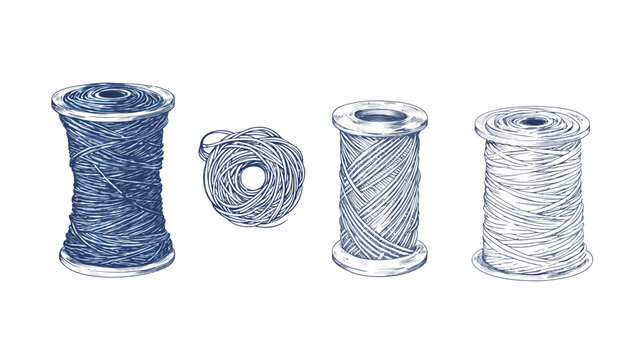 Digitally created illustration of spools, each with thread wound around it. A nest of thread is present