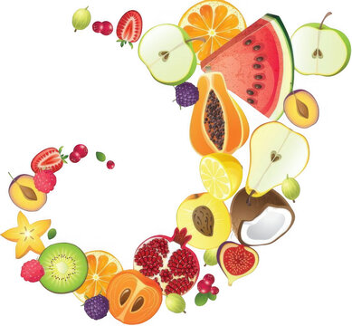 A vibrant illustration of various fruits arranged in a circle on a white background