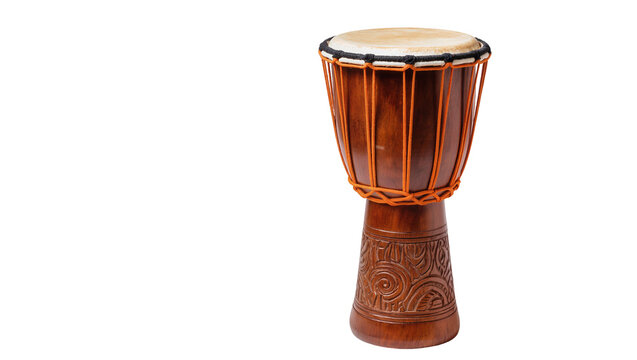 Wooden djembe drum with carved base and orange rope accents, isolated on transparent background