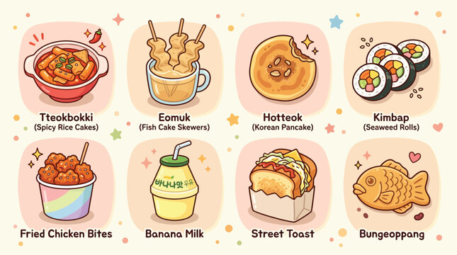 A delightful collection of popular Korean street food dishes and drinks, presented in a charming, cartoonish illustration style.
