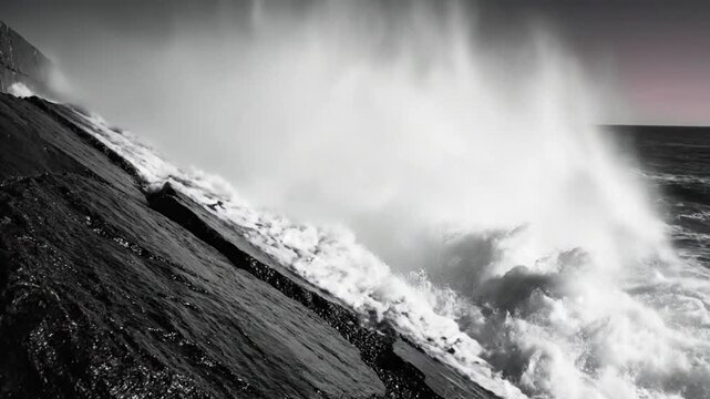 Powerful ocean waves crashing against dark coastal rocks during a storm with dramatic skies and black and white effect