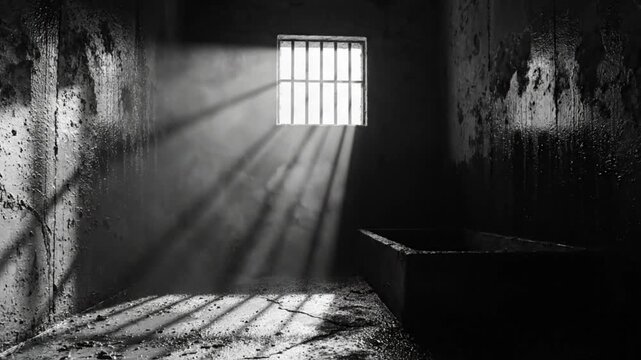 Dramatic prison cell with bright light shining through the window, creating contrast and shadows, despair concept