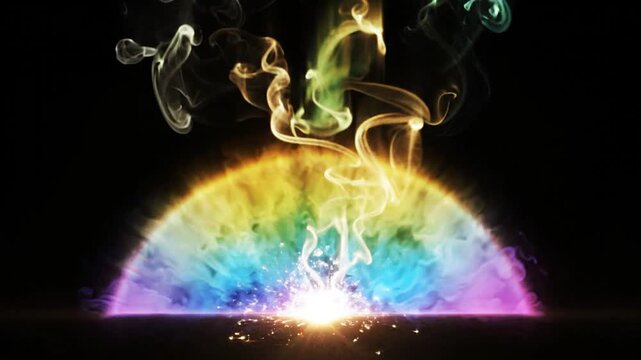 Vibrant colorful smoke rises from a glowing rainbow half-circle on a dark background
