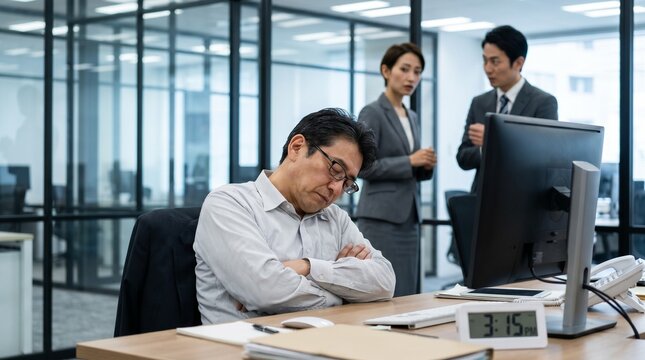職場での人間関係や問題社員、労働モラルを象徴する、オフィスで堂々と居眠りをする50代の日本人男性社員と、それを困惑した表情で見つめ噂話をする他の社員