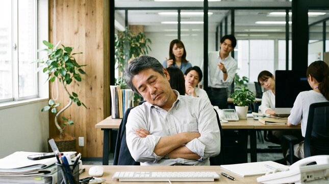 職場での人間関係や問題社員、労働モラルを象徴する、オフィスで堂々と居眠りをする50代の日本人男性社員と、それを困惑した表情で見つめ噂話をする他の社員