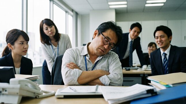 職場での人間関係や問題社員、労働モラルを象徴する、オフィスで堂々と居眠りをする50代の日本人男性社員と、それを困惑した表情で見つめ噂話をする他の社員