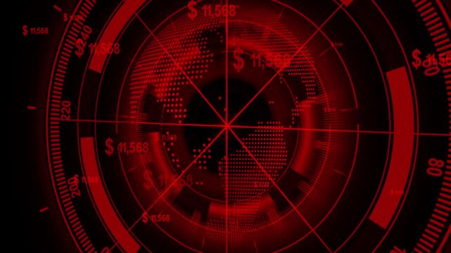 Red radar interface with world map symbols. Digital radar interface for finance. Modern radar interface for global trading analytics and economic monitoring.