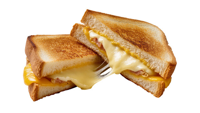 Golden brown toasted cheese sandwiches with melted cheese oozing out, isolated on transparent background