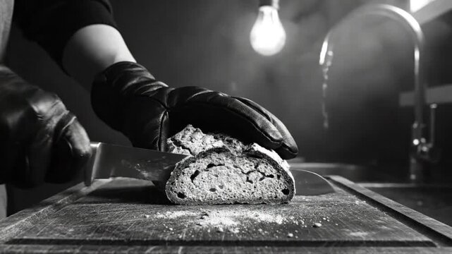 Dramatic black and white close-up shot of gloved hands slicing fresh bread on a rustic wooden cutting board