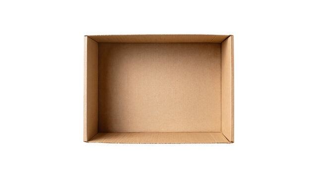 Empty brown cardboard box top view, isolated on transparent background