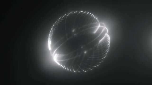 Monochrome abstract glowing sphere with dotted rim and soft light beams on a dark background, creating a minimal futuristic orb