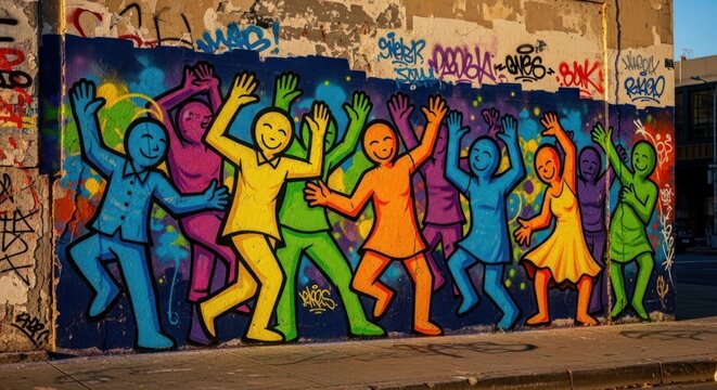 Vibrant street art depicting dancing figures in various colors.