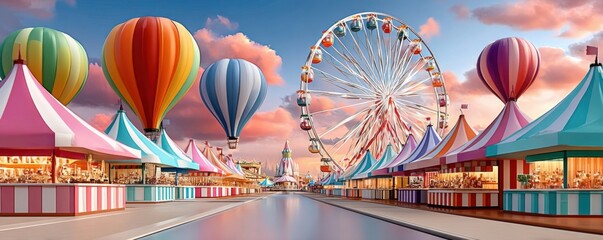 Fototapeta premium Colorful amusement park promenade with ferris wheel, striped tents and hot air balloons at sunset