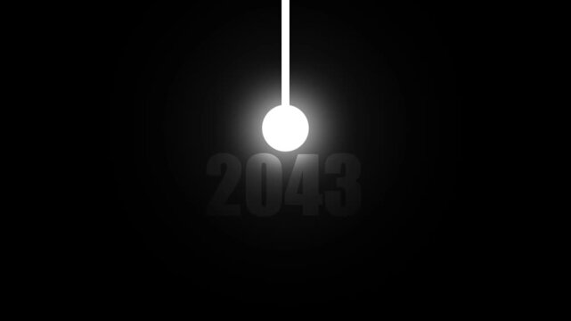 A luminous white pendulum ball with the year 2043 cast in shadow on a deep black background symbolizing the relentless progression of time and anticipation of the future