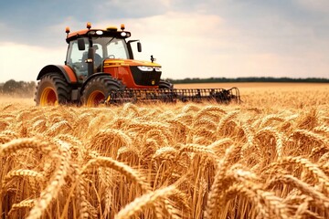 Fototapeta premium Golden Wheat Field Being Harvested by Modern Tractor Under Bright Summer Sky in Rural Landscape