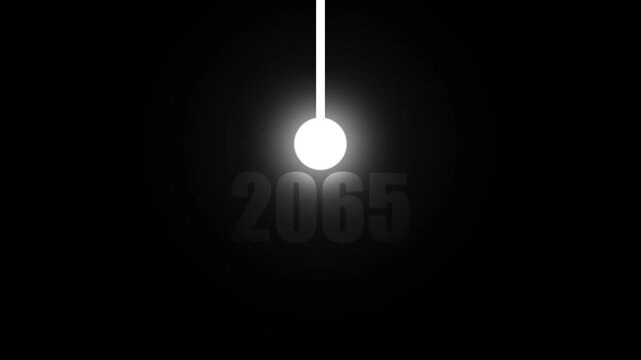 Glowing pendulum ball with the year 2065 displayed in a dark, abstract, futuristic setting keywords: pendulum, ball, year, 2065, glowing, light, dark, abstract, futuristic, motion, time