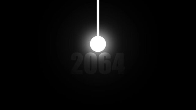 Glowing white pendulum sphere with the year 2064 in subdued grey numerals against a dark black expanse representing the continuous flow of time and future projection