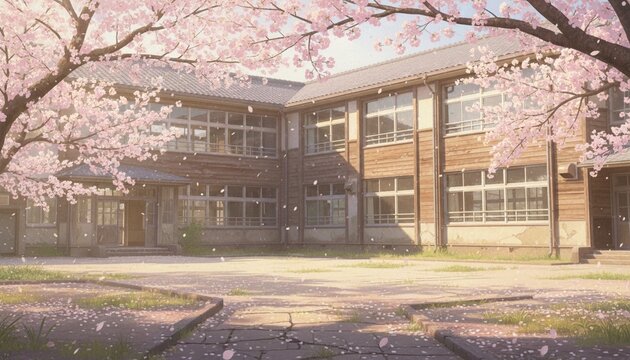 満開の桜が舞い散る古い校舎の風景 ノスタルジックな学校の背景素材