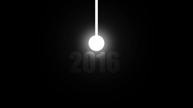 A bright white sphere suspended by a white rod with the year 2016 illuminated in gray text on a dark background keywords: sphere, glowing, light, bright, white, dark, black, background