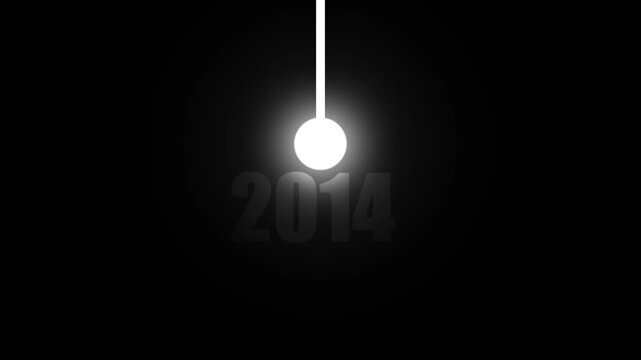 A glowing white sphere hangs from a thin white cord against a black void with the year 2014 faintly visible in gray text below the sphere symbolizing a point in time or a continuous flow