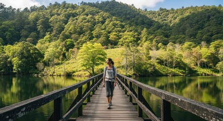Fototapeta premium Woman walking on a wooden bridge over a tranquil lake surrounded by lush forest.