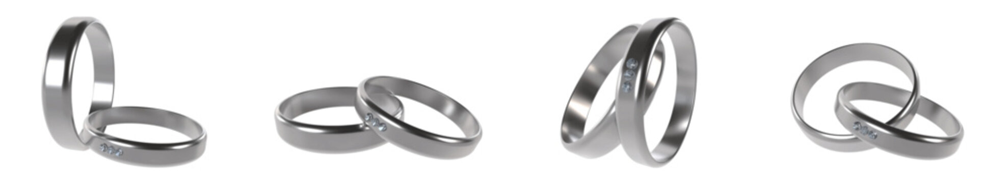 Vector set of silver wedding rings in different positions, isolated. 3d render bridal bands with diamonds. Symbol of love and commitment. Luxury silver rings for friendship, engagement and marriage.