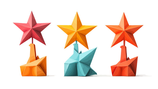 Three colorful star-shaped trophies, each with a unique colored star and base design on white