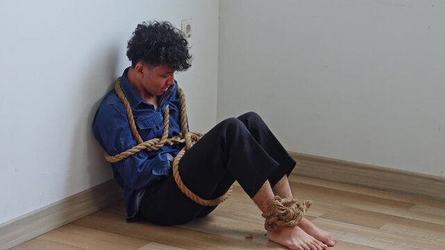 Cinematic shot of man tied up as victim of kidnapping or human trafficking