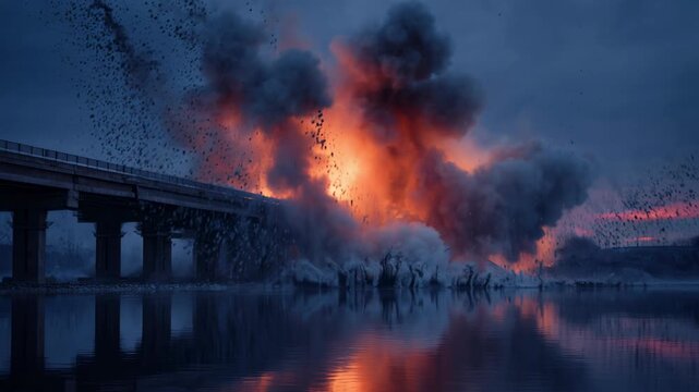 Massive explosion destroys concrete bridge during military conflict. Violent detonation with fire and smoke clouds over river. Destructive war sabotage event.