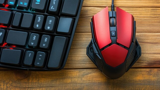 Modern gaming setup keyboard with illuminated keys and a red and black mouse on wooden table