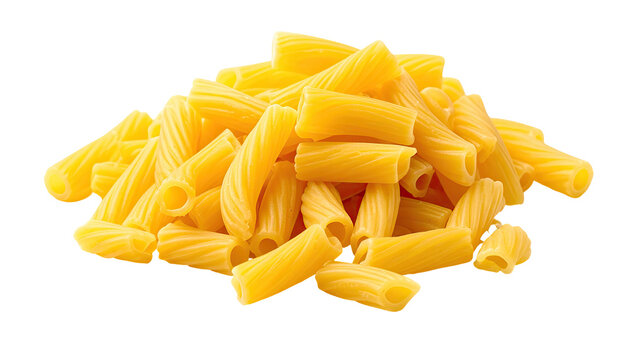 Pile of cooked, golden-yellow rigatoni pasta, isolated on black ground