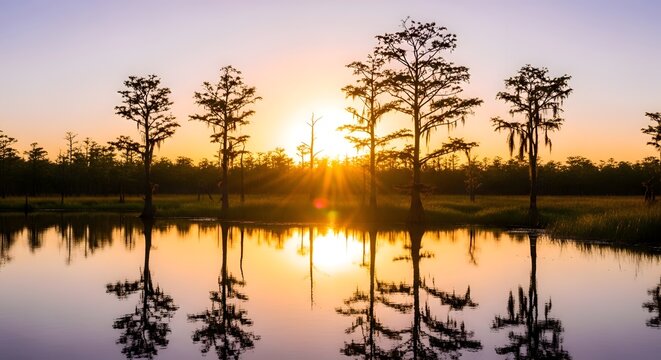 Serene swamp landscape at sunset with silhouetted cypress trees reflected in calm water, creating a tranquil and picturesque natural scene with warm golden light.