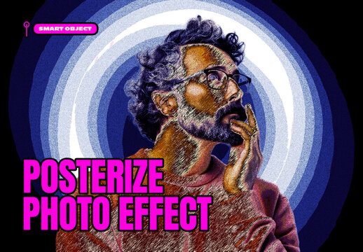 Bold Posterize Photo Effect with Neon Grain Texture and Retro Rings