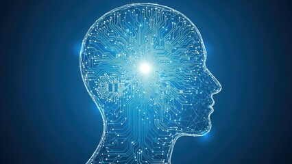 Obraz premium A digital representation of a human head silhouette formed by intricate glowing circuit board lines