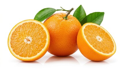 Fototapeta premium Whole orange and two halves with green leaves on a white background oranges