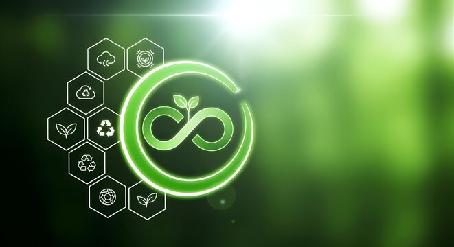 Glowing green infinity symbol with leaf elements and recycling icons on a blurred dark green background, representing sustainable energy and environmental conservation concepts.