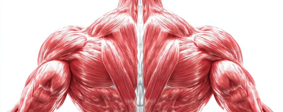 Detailed anatomical illustration of an athlete's muscular back showing trapezius and latissimus dorsi