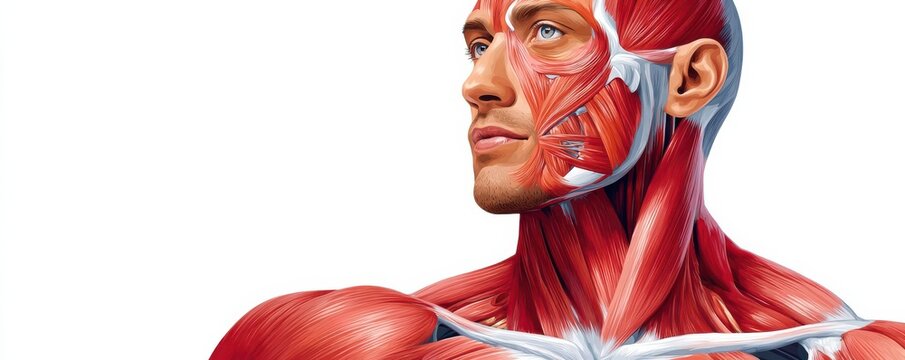 Illustration of the human muscular system showing facial, neck and shoulder muscles for medical study