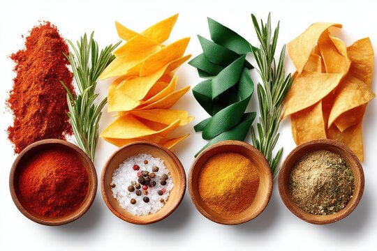 Colorful spices and corn chips arranged with rosemary and sea salt in wooden bowls