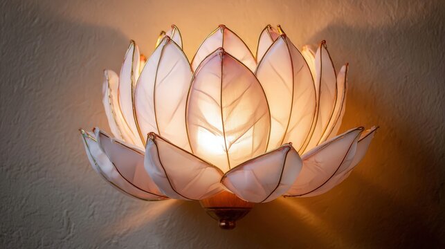 Glowing lotus flower lamp mounted on a textured interior wall illuminates with soft warm light.