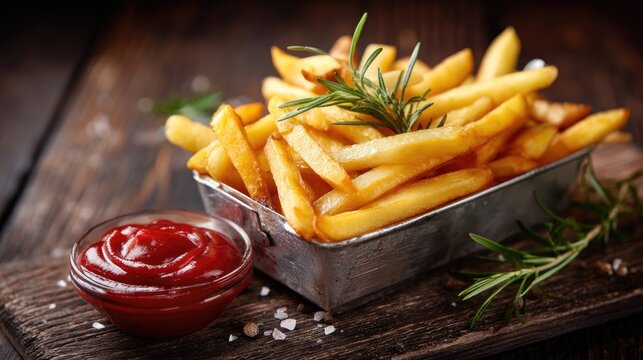 Crispy Golden French Fries with Fresh Rosemary and Tomato Ketchup