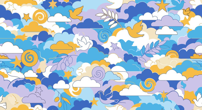 Abstract Sky Pattern with Doves, Stars, and Swirls