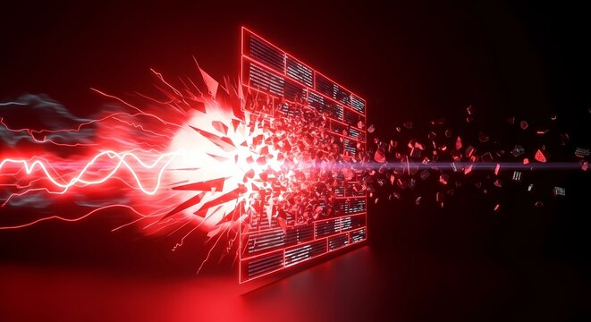 Abstract cyber security concept of digital firewall protection and data breach with glowing neon lights.