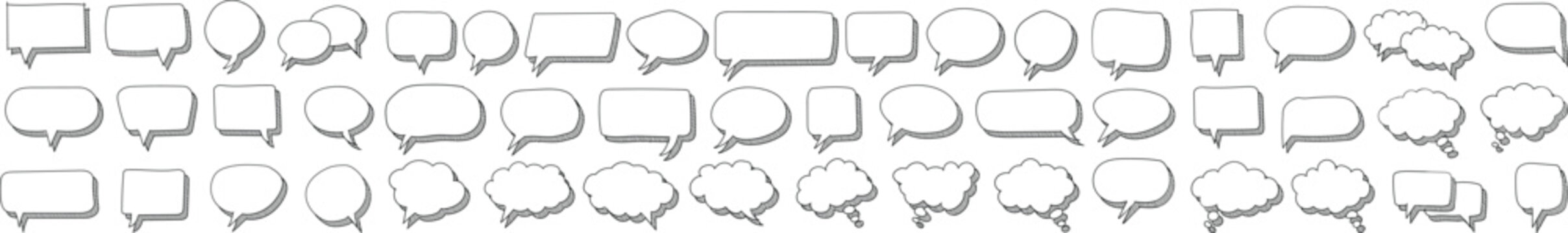 Set of hand drawn speech thought bubbles sketch style crosshatch scribble shading chalkboard doodle theme. comic, educational materials, marketing graphics, creative communication visuals.