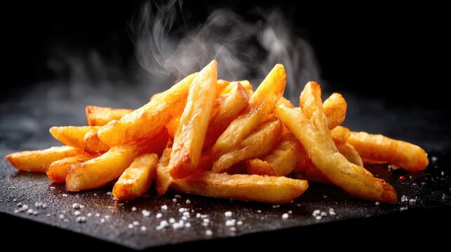 Crispy Golden French Fries with Steam and Salt on Black Background