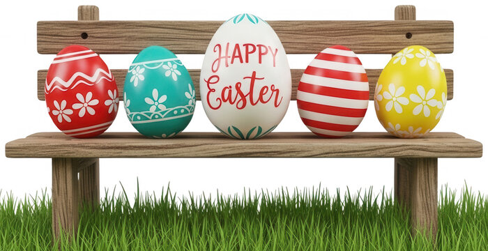 Colorful easter egg png Decorative spring egg cutout Wooden garden bench png Festive holiday egg cutout Green grass lawn png Patterned painted egg cutout Happy isolated transparent background image